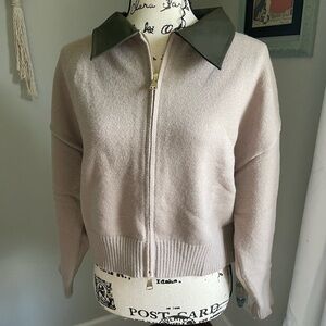 SHEIN Taupe Sweater with Brown Faux Leather Collar